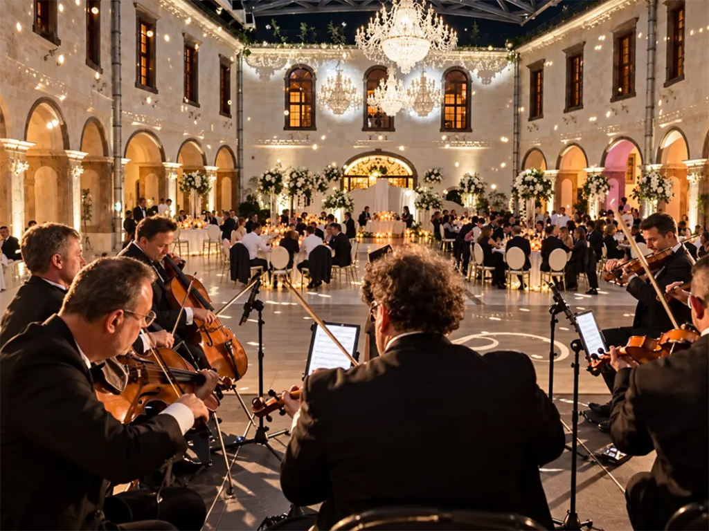 string orchestra playing during wedding dinner at a castle in Central Europe