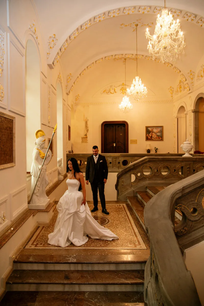 stunning First Look on the grand staircase at Galicia Nueva Castle