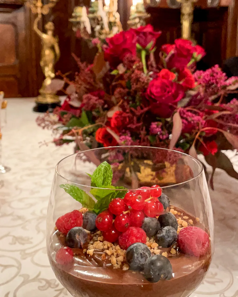 Chocolate sabayon with fresh fruit and almond crunch at the candlelit dinner.