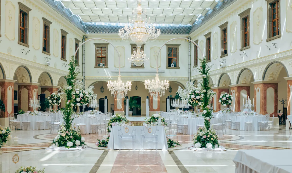 Historic castle wedding setting prepared for an intimate celebration